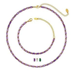 Zircon Titanium Steel Inlay Bracelets & Necklace / Purple, Green & White